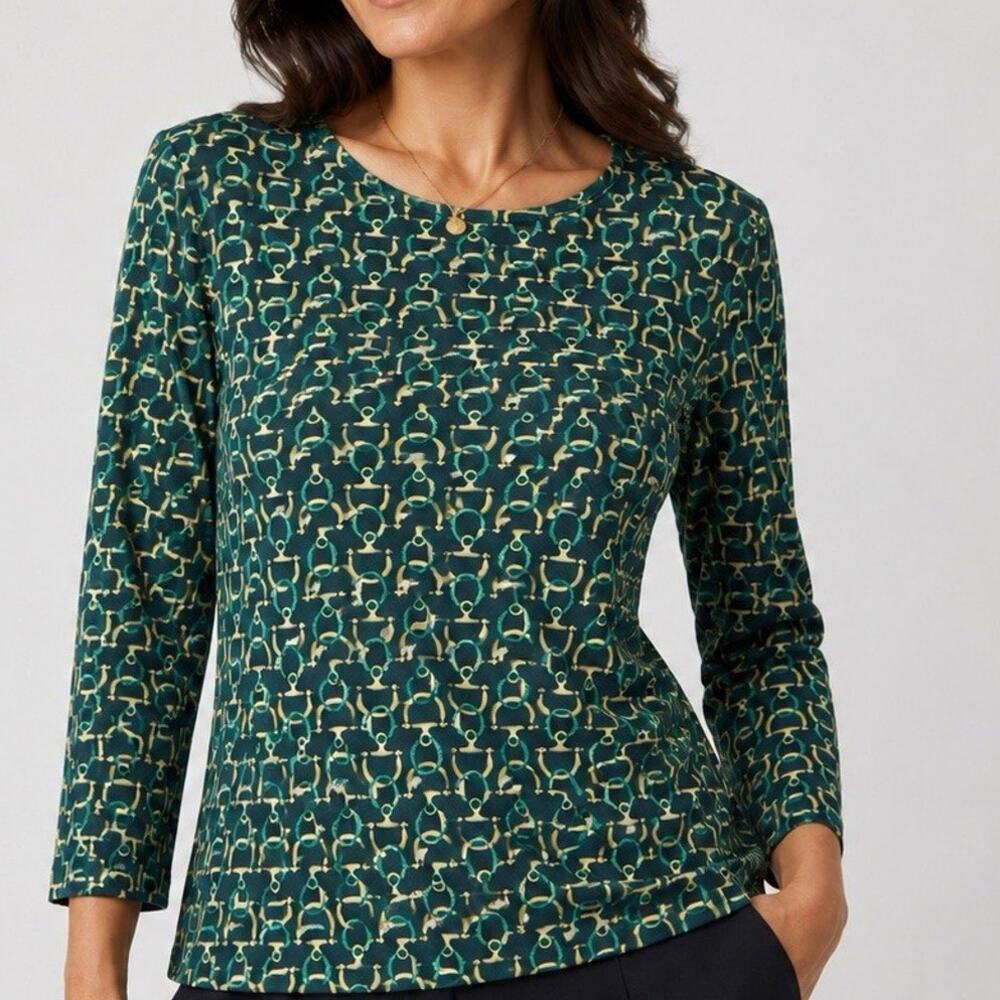 Melly M Top Small 3/4 Sleeve Roundneck Stretch Green Yellow Horsebit Equestrian